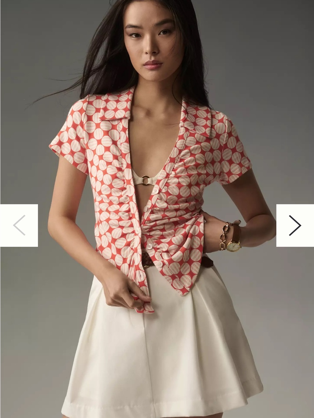 Maeve  orange and Cream Printed Short-Sleeve Button Front Top